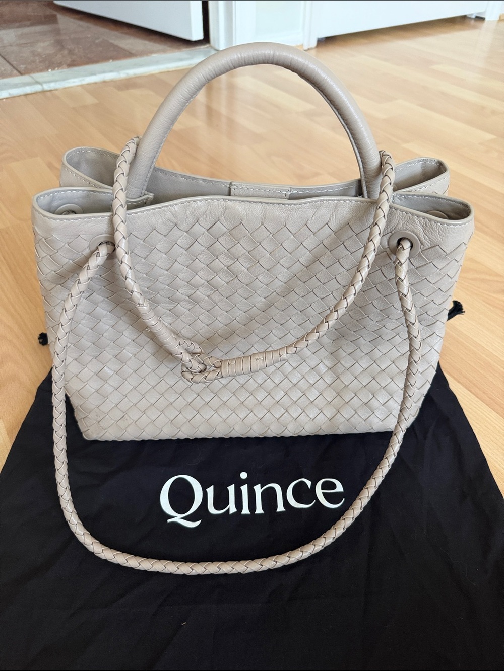 Quince Woven Leather Tote in Light Beige